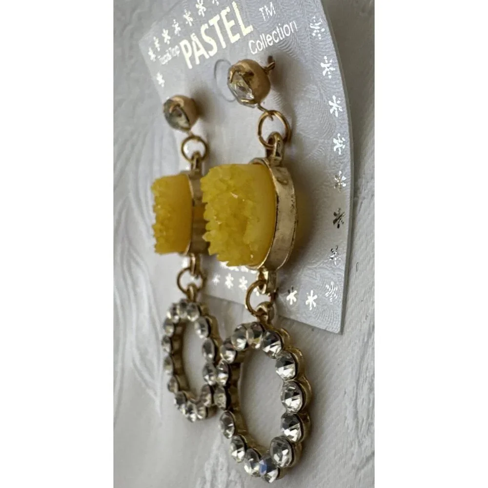 Pastel Faux Yellow Stone Crystal Gold Rhinestone Earrings Dangle Drop Party NEW